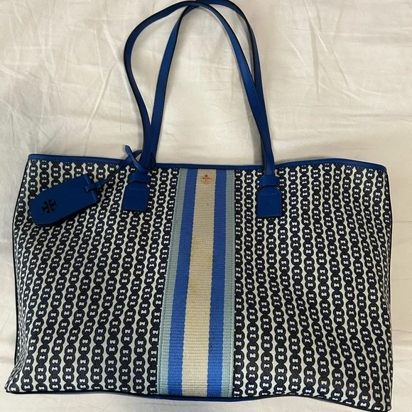 Tory Burch Navy and Cream Patterned Tote - Picture 1 of 9
